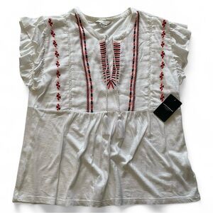 LUCKY BRAND Flutter Sleeve Top Brilliant White with Embroidery Delicate Sz S NEW